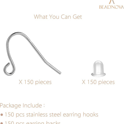 Earring Hooks 150pcs Stainless Steel Ear Wire Kits with Rubber Backs Earring Hook for Jewelry Making DIY Earwires Supplies (150pcs Ear Wires and 150 pcs Backs, Total 300pcs)