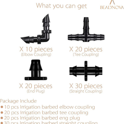 Drip Irrigation Parts 80 Pcs Mix 1/4 Inch Barbed Tee Elbow Straight Couplings End Plugs Fittings Drip Line Connectors for 1/4 Inch Irrigation Tubing Garden Watering System
