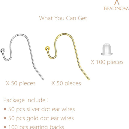 Earring Hooks 100pcs Mix Color Ball Dot Ear Wire with Rubber Backs Earwire for Jewelry Making Earring Supplies (50pcs Ear Wire Each Color and 100pcs Backs, Total 200pcs)