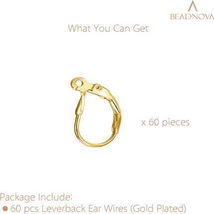 Leverback Earring Hooks 60pcs French Ear Wire Lever Back Earwire for Jewelry Making Crafting (Gold)
