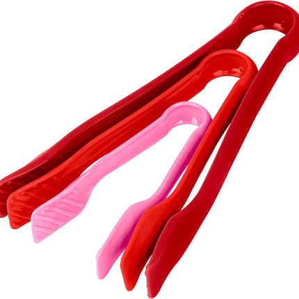 3 Pcs 6” x 8” x 10” Multi Colored Plastic Tong Set, 3 Pack Durable BPA-Free Quality Heavy Duty Perfect for BBQ, Grilling, Salad, Buffets and Kitchen (Pink, Red)
