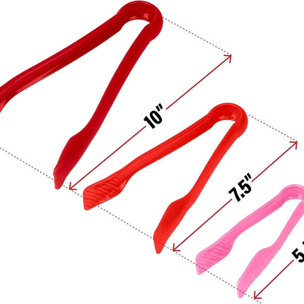 3 Pcs 6” x 8” x 10” Multi Colored Plastic Tong Set, 3 Pack Durable BPA-Free Quality Heavy Duty Perfect for BBQ, Grilling, Salad, Buffets and Kitchen (Pink, Red)