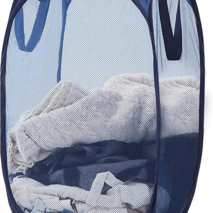 1 Pack Mesh Pop Up Laundry Hamper, Lightweight Foldable Clothes Basket with Easy Carry Handles, Durable Mesh Design for Air Circulation and Simple Storage, Navy (1 Pack)