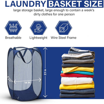 1 Pack Mesh Pop Up Laundry Hamper, Lightweight Foldable Clothes Basket with Easy Carry Handles, Durable Mesh Design for Air Circulation and Simple Storage, Navy (1 Pack)