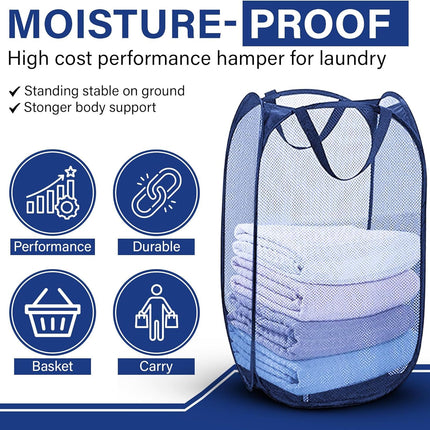1 Pack Mesh Pop Up Laundry Hamper, Lightweight Foldable Clothes Basket with Easy Carry Handles, Durable Mesh Design for Air Circulation and Simple Storage, Navy (1 Pack)