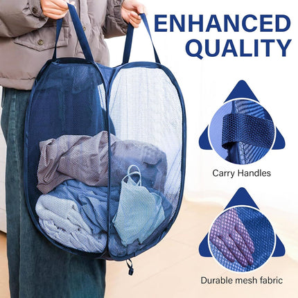 1 Pack Mesh Pop Up Laundry Hamper, Lightweight Foldable Clothes Basket with Easy Carry Handles, Durable Mesh Design for Air Circulation and Simple Storage, Navy (1 Pack)