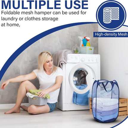 1 Pack Mesh Pop Up Laundry Hamper, Lightweight Foldable Clothes Basket with Easy Carry Handles, Durable Mesh Design for Air Circulation and Simple Storage, Navy (1 Pack)