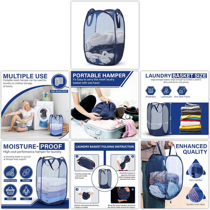 1 Pack Mesh Pop Up Laundry Hamper, Lightweight Foldable Clothes Basket with Easy Carry Handles, Durable Mesh Design for Air Circulation and Simple Storage, Navy (1 Pack)