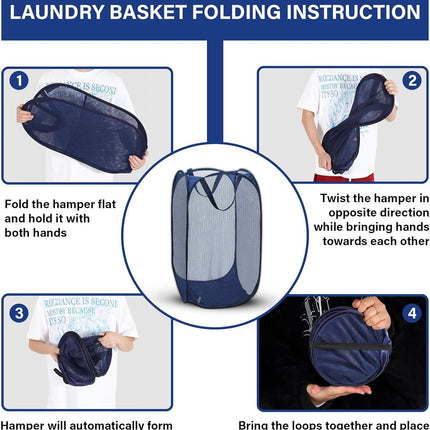 1 Pack Mesh Pop Up Laundry Hamper, Lightweight Foldable Clothes Basket with Easy Carry Handles, Durable Mesh Design for Air Circulation and Simple Storage, Navy (1 Pack)