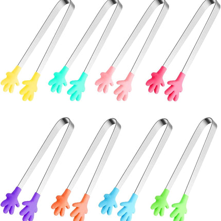 8PCS Silicone Mini Tongs, 5Inch Hand Shape Food Tongs, Colourful Small Kids Tongs for Serving Food, Ice Cube, fruits, Sugar, Barbecue by  (Palm sharp)