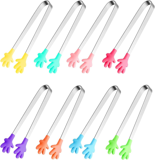 8PCS Silicone Mini Tongs 5Inch Hand Shape Food Tongs Colourful Small Kids Tongs for Serving Food Ice Cube