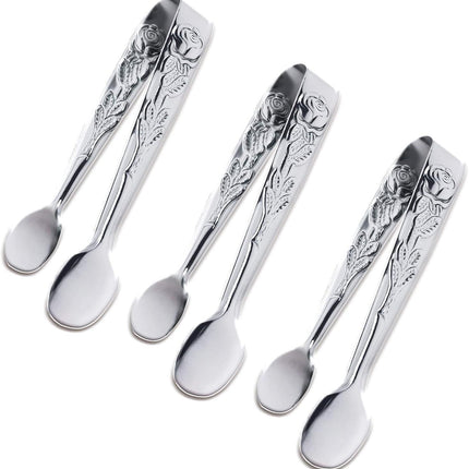 3PCS Mini Serving Tongs, 4Inch Rose Stainless Steel Sugar Cube Tongs, Sliver Small Ice Tong for Tea and Coffee Party, Appetizers, Desserts by  (Silver)