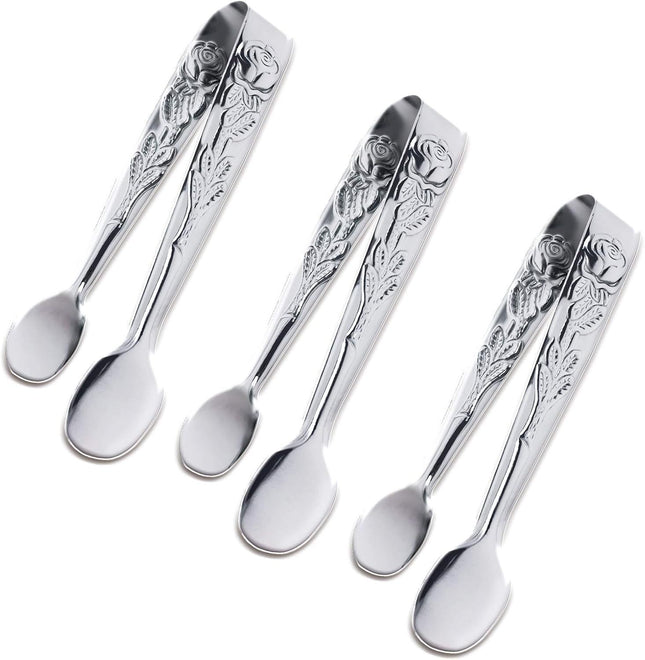 3PCS Mini Serving Tongs 4Inch Rose Stainless Steel Sugar Cube Tongs Sliver Small Ice Tong for Tea and