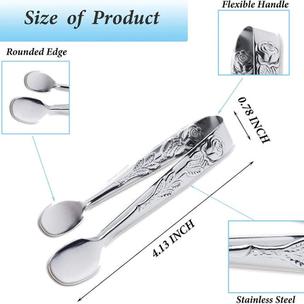3PCS Mini Serving Tongs, 4Inch Rose Stainless Steel Sugar Cube Tongs, Sliver Small Ice Tong for Tea and Coffee Party, Appetizers, Desserts by  (Silver)