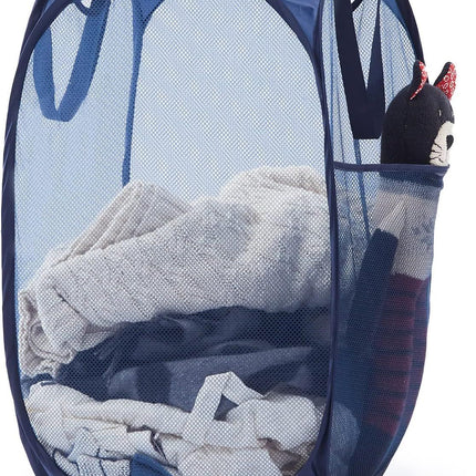 Collapsible Pop Up Laundry Basket, Hamper with Sturdy Handles and Side Pocket - Mesh Portable Foldable Dirty Clothes Hamper for Dorm, Laundry room, Bathroom and Travel Storage, Navy Blue