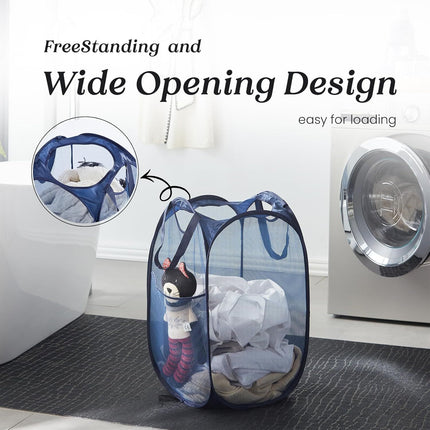 Collapsible Pop Up Laundry Basket, Hamper with Sturdy Handles and Side Pocket - Mesh Portable Foldable Dirty Clothes Hamper for Dorm, Laundry room, Bathroom and Travel Storage, Navy Blue