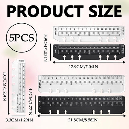 5PCS Planner Ruler for A5 A6 A7 Binder, 6-Ring Page Marker for Spiral Notebook, Snap-in Plastic Bookmark Rulers, 6-Hole Ruler Inser Planner Bookmark for A5 A6 A7 (Black/Clear)