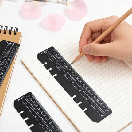 5PCS Planner Ruler for A5 A6 A7 Binder, 6-Ring Page Marker for Spiral Notebook, Snap-in Plastic Bookmark Rulers, 6-Hole Ruler Inser Planner Bookmark for A5 A6 A7 (Black/Clear)