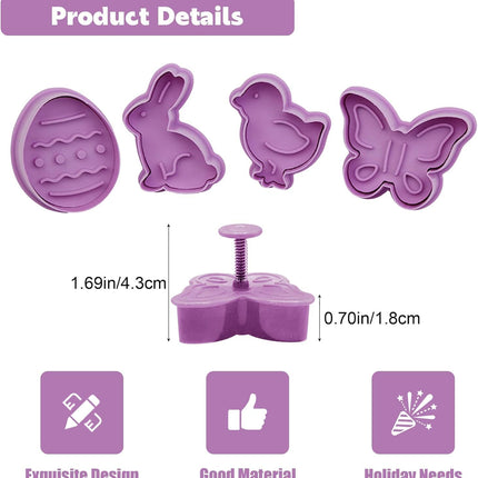 4Pcs Easter Cookie Cutters, Cartoon Easter Cookie Stamps, Cute Bunny Eggs Chick Butterfly Shapes Spring Biscuit Cutters Plastic Kitchen Tool for Fondant Cookie Baking Holiday Birthday Party Supplies