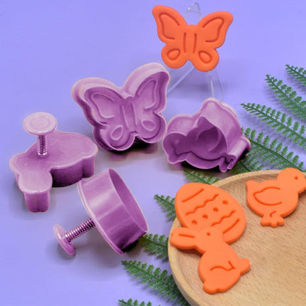 4Pcs Easter Cookie Cutters, Cartoon Easter Cookie Stamps, Cute Bunny Eggs Chick Butterfly Shapes Spring Biscuit Cutters Plastic Kitchen Tool for Fondant Cookie Baking Holiday Birthday Party Supplies