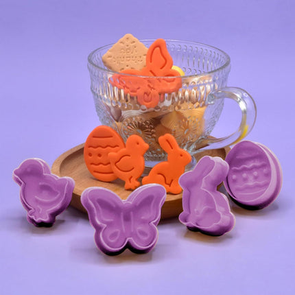 4Pcs Easter Cookie Cutters, Cartoon Easter Cookie Stamps, Cute Bunny Eggs Chick Butterfly Shapes Spring Biscuit Cutters Plastic Kitchen Tool for Fondant Cookie Baking Holiday Birthday Party Supplies