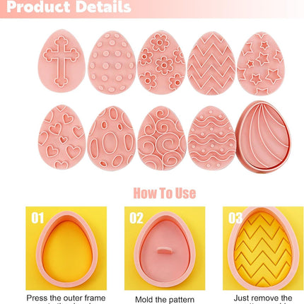 10 Pieces Easter Egg Cookie Cutters Easter Cookie Stamps 3D Plastic Embossing Mold Press Cookie Mould Set Baking Kitchen Tools for Holiday Birthday Party Biscuit Fondant Snacks Making