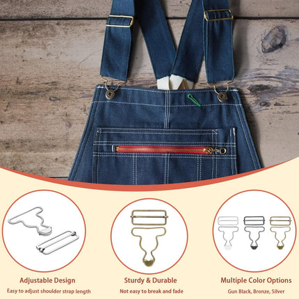 CooBigo 6 Sets 1-1/2" Overall Buckles Replacement, Suspender Buckle Metal Bib Clip Clasp with Adjustable Tri-Glide Slide Buckle for Jeans Suspender, Pants Sewing Accessories (Bronze No-Sew Button)