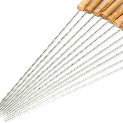 12 PCS Skewers for Grilling, Kabob Skewers with Wood Handle, Reusable BBQ Barbecue Sticks for Marshmallow, Hot Dog, Meat, Vegetable, Camping Cookware Grill Cooking, 11.7" (Including Handle)