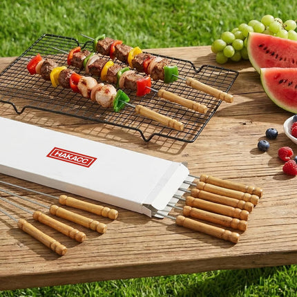 12 PCS Skewers for Grilling, Kabob Skewers with Wood Handle, Reusable BBQ Barbecue Sticks for Marshmallow, Hot Dog, Meat, Vegetable, Camping Cookware Grill Cooking, 11.7" (Including Handle)