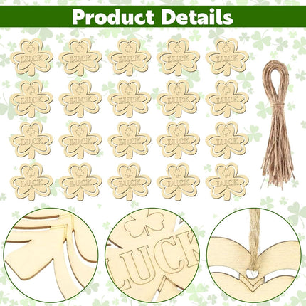 20Pcs Wooden Shamrock Ornaments to Paint, 3.2 Inch St. Patrick's Day Unfinished Wood Shamrock Cutouts, DIY Blank Luck Clover Shape Hanging Ornaments Ropes with for Crafts Tree Home Decor
