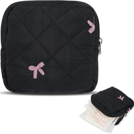 Portable Period Bags for Girls, Cute Bow Period Pouch for Pads Sanitary Napkins Small Tampons, Sanitary Napkin Storage Bag First Gifts for Girls (Black)