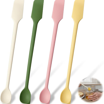 4 Pcs Long Dual-End Silicone Spatula, Small Spatula & Stirring Spoons for Jam Jars & Makeup, Thin Curved End for Scraping, Slim Spoon End for Scooping and Mixing (10.43 Inch)
