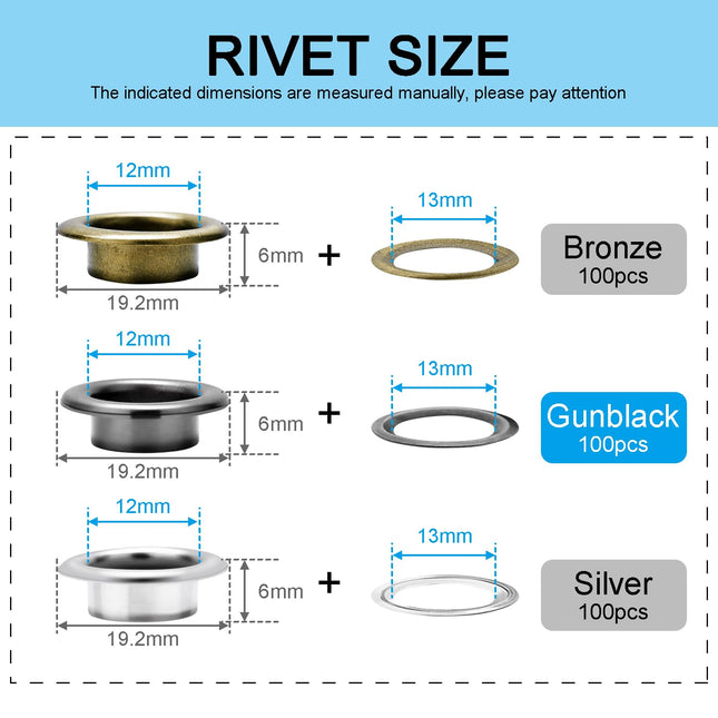 100Sets 1/2 Inch Eyelets and Grommets Metal Eyelets Grommet Kit with Washers Backing Eyele for Fabric – product detail