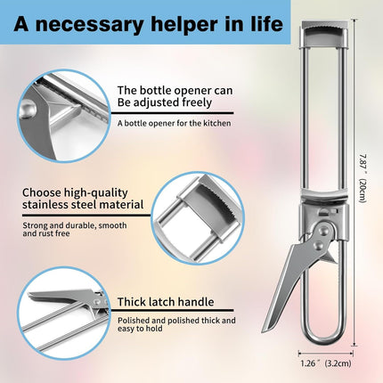 Bottle Opener & Jar Opener for Weak Hands, Adjustable Stainless Steel Can Opener, Multifunctional Jar Lid Opener Gripper for Seniors with Arthritis