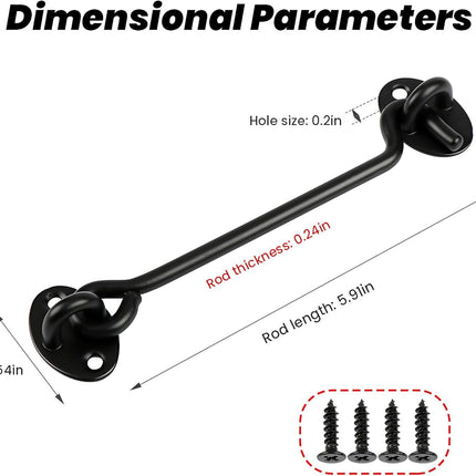 2 Pack 6'' Door Latch Door Lock Hardware, 6'' Hook and Eye Gate Latch Easy Lock for Barn Door, Black Sliding Door Lock with Screws for Window, Cabin Hooks