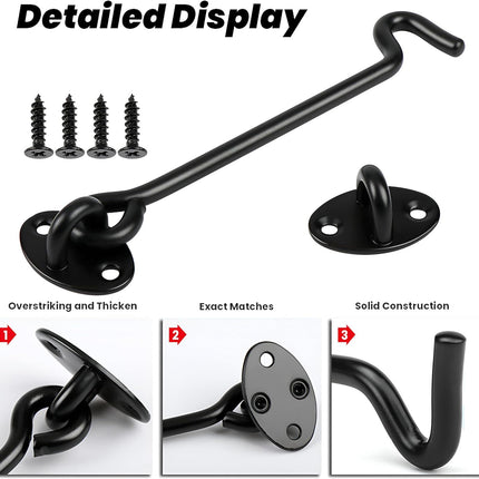 2 Pack 6'' Door Latch Door Lock Hardware, 6'' Hook and Eye Gate Latch Easy Lock for Barn Door, Black Sliding Door Lock with Screws for Window, Cabin Hooks