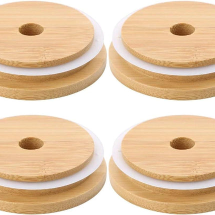 4 Pack 86mm Wide Mouth Bamboo Mason Jar Lids with Straw Hole Reusable Bamboo Caps Leak-Proof Glass Canning Drinking Storage Jars Lid