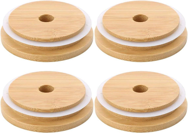 4 Pack 86mm Wide Mouth Bamboo Mason Jar Lids with Straw Hole Reusable Bamboo Caps Leak-Proof Glass Canning