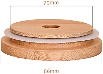 4 Pack 86mm Wide Mouth Bamboo Mason Jar Lids with Straw Hole Reusable Bamboo Caps Leak-Proof Glass Canning Drinking Storage Jars Lid