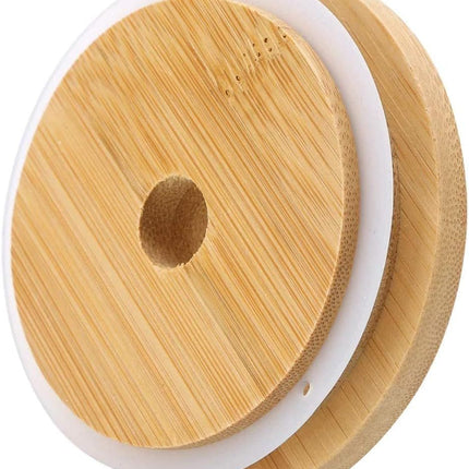 4 Pack 86mm Wide Mouth Bamboo Mason Jar Lids with Straw Hole Reusable Bamboo Caps Leak-Proof Glass Canning Drinking Storage Jars Lid