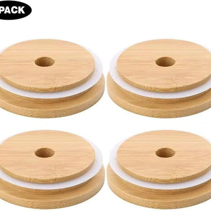 4 Pack 86mm Wide Mouth Bamboo Mason Jar Lids with Straw Hole Reusable Bamboo Caps Leak-Proof Glass Canning Drinking Storage Jars Lid