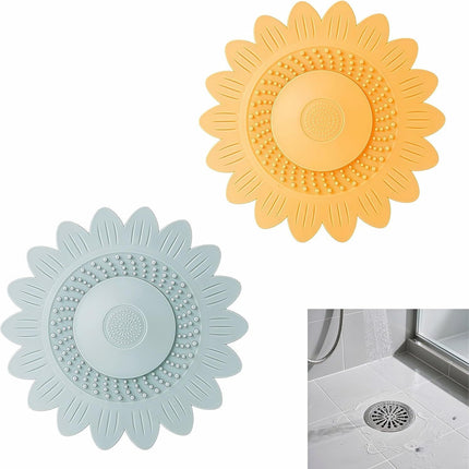 Sunflower Silicone Drain Cover,2-Pack Hair Catcher for Shower Tub Sink, Flower Shape Bathtub Drain Cover, Non-Slip Silicone Strainer for Kitchen Bathroom Laundry (Blue Yellow)