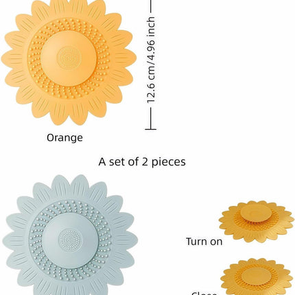 Sunflower Silicone Drain Cover,2-Pack Hair Catcher for Shower Tub Sink, Flower Shape Bathtub Drain Cover, Non-Slip Silicone Strainer for Kitchen Bathroom Laundry (Blue Yellow)