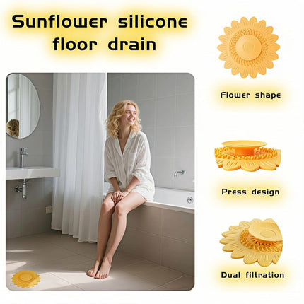 Sunflower Silicone Drain Cover,2-Pack Hair Catcher for Shower Tub Sink, Flower Shape Bathtub Drain Cover, Non-Slip Silicone Strainer for Kitchen Bathroom Laundry (Blue Yellow)