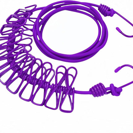 Portable Clothesline with 12 Clips - Extends 12ft, Heavy Duty Stainless Steel Hooks, Windproof for Travel/Camping/Indoor Use, Purple