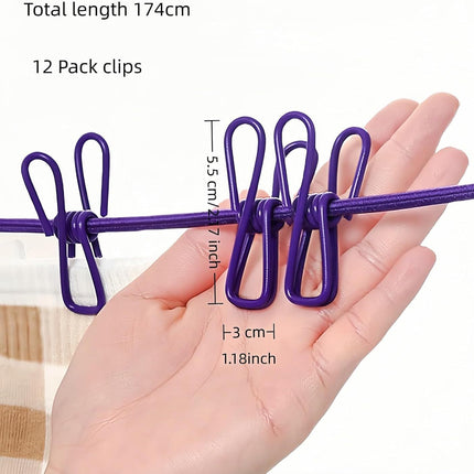 Portable Clothesline with 12 Clips - Extends 12ft, Heavy Duty Stainless Steel Hooks, Windproof for Travel/Camping/Indoor Use, Purple