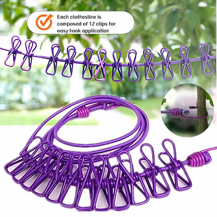 Portable Clothesline with 12 Clips - Extends 12ft, Heavy Duty Stainless Steel Hooks, Windproof for Travel/Camping/Indoor Use, Purple
