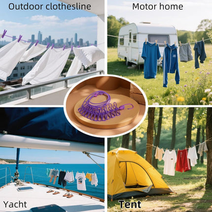 Portable Clothesline with 12 Clips - Extends 12ft, Heavy Duty Stainless Steel Hooks, Windproof for Travel/Camping/Indoor Use, Purple