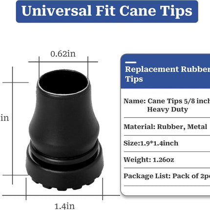 Cane Tips 5/8 inch Heavy Duty, 2 Pack Walking Cane Tips Rubber Cane Tip Replacement Rubber Tips for Canes, Crutch, Cane Foot, Walking Sticks