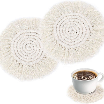 Boho Coasters for Drinks Absorbent Crochet Coasters Round Boho Coaster Set of 2 Housewarming Gift Bar Coffee Table Office Desk Decor, White